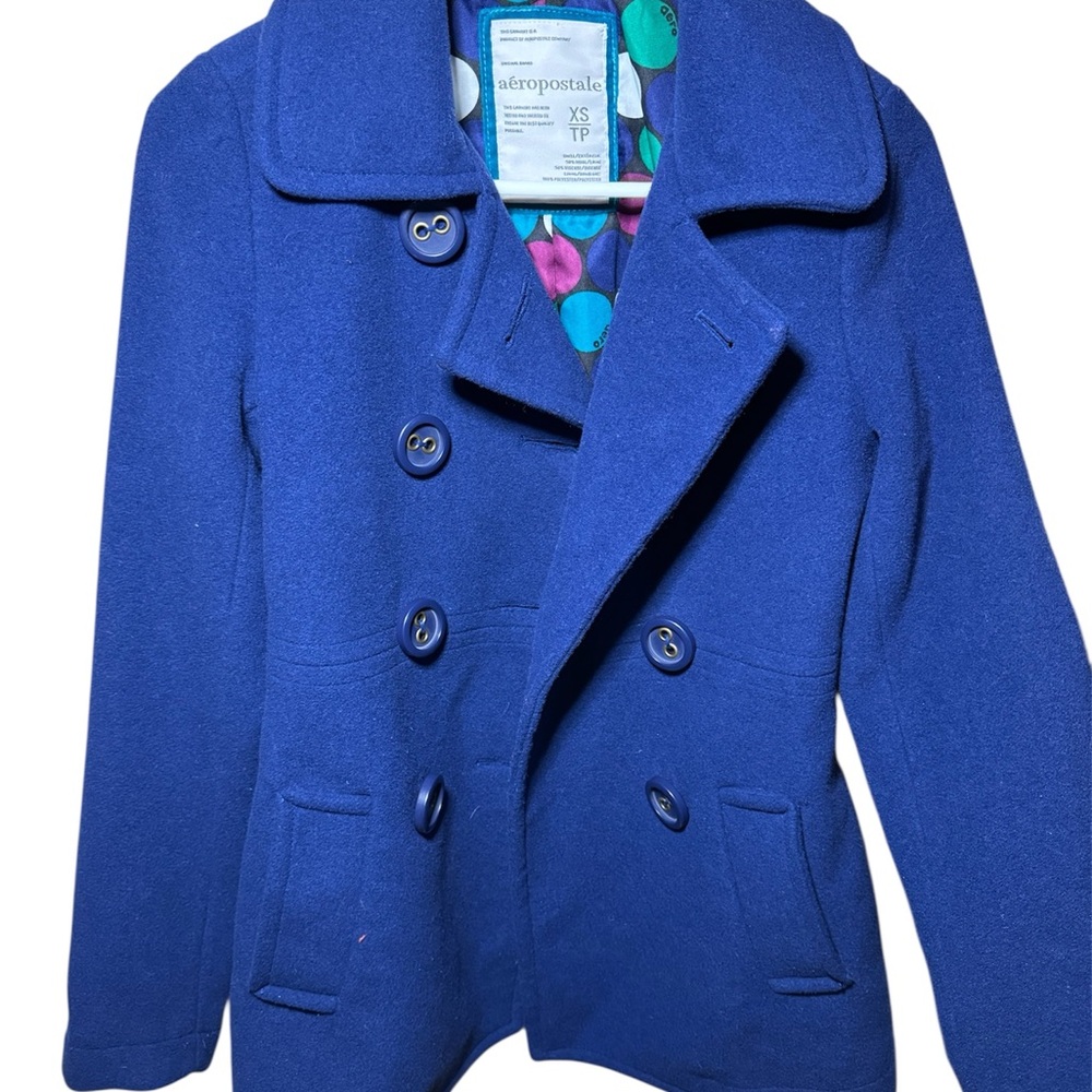 Aeropostale Navy Blue Wool-Blend Peacoat XS – Colorful Polka Dot Lining